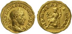 The Roman Empire Philip I, 244 - 249 No.: 167 Schätzpreis - Estimate CHF 12000.- Aureus circa 244-247, 4.53 g. IMP M IVL PHILIPPVS AVG Laureate, draped and cuirassed bust r. Rev. ROMAE AETERNAE Roma s