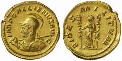 The Roman Empire Gallienus, 253 - 268 No.: 194 Schätzpreis - Estimate CHF 55000.- Medallion of 4 aurei circa 262-263, 13.89 g. IMP GALLIENVS AV - G Bust l., wearing crested healmet and bearing spear o