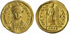 Byzantine Gold Coins Anastasius, 491 - 518 No.: 369 Schätzpreis - Estimate CHF 1000.- The mint is Constantinople unless otherwise stated. Solidus circa 491, 4.48 g. D N ANASTAS - IVS PERP AVG Helmeted