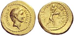 Octavian with L. Livineius Regulus Aureus 42, AV 8.07 g. C·CAESAR – III·VIR R·P.C Bare head r. Rev. L·REGVLVS – III·VIR·A·P·F Aeneas r., carrying Anchises on l. shoulder. Babelon Livineia 5 and Julia 