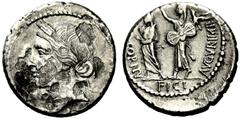 Q. Cornufici Denarius, Africa 42, AR 3.28 g. Head of Tanit l. Rev. [Q]·CORNV – FICI - AVGVR·IMP Q. Cornuficius standing l., wearing veil and holding lituus , crowned by Juno Sospita standing behind he