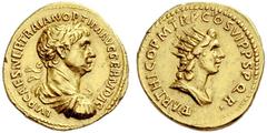 The Roman Empire Trajan, 98 – 117 Aureus 116-117, AV 7.27 g. IMP CAES NER TRAIAN OPTIM AVG GERM DAC Laureate, draped and cuirassed bust r. Rev. PARTHICO P M TR P COS VI P P S P Q R Draped bust of Sol 