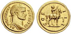 The Roman Empire Diocletian, 284 – 305 Aureus, Antiochia 287-290, AV 5.51 g. DI – OCLETIANVS – AVGVSTVS Laureate head r. Rev. COS – II – I Emperor on horseback r., raising r. arm. C 54. RIC 310 (these