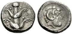 Greek Coins Cyrenaica, Barce Tetradrachm, AR 16.73 g. Silphium plant. Rev. BAP Head of Zeus Ammon r. Jameson 1343b. SNG Lockett 3463 (this coin). Extremely rare. Unusually well-struck and centred for 