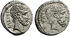 The JD collection of Roman Republican Coins part II – Session I M. Junius Brutus. Denarius 54, AR 3.87 g. BRVTVS Head of L. Iunius Brutus r. Rev. AHA[LA] Head of C. Servilius Ahala r. Babelon Julia 30