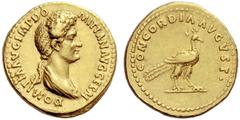 The Roman Empire Domitia, wife of Domitian Aureus 88-89 (?), AV 7.64 g. DOMITIA AVG IMP DO – MITIAN AVG GERM Draped bust r. Rev. CONCORDIA AVGVST Peacock r. C 4. BMC Domitian 249. RIC Domitian 678. CB
