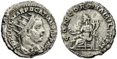 The Roman Empire Pacatian, 248 – 249 Antoninianus, Viminacium 248-249, billon 3.98 g. IMP TI CL MAR PACATIANVS P F AVG Radiate, draped and cuirassed bust r. Rev. CONCORDIA MILITVM Concordia seated l.,