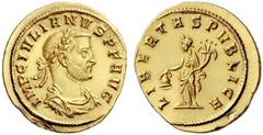 The Roman Empire Julian of Pannonia, 284 – 285 Aureus, Siscia circa 284, AV 4.78 g. IMP C IVLIANVS P F AVG Laureate, draped and cuirassed bust r. Rev. LIBERTAS PVBLICA Libertas standing l., holding pi