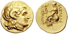 Greek coins Kingdom of Thrace, Lysimachus 323 – 281 and posthumous issues Stater, Chalcedon circa 205-195, AV 8.46 g. Diademed of the deified Alexander the Great r., with horn of Ammon. Rev. Helmeted 