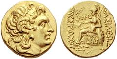 Greek coins Kingdom of Thrace, Lysimachus 323 – 281 and posthumous issues Stater, Callatis 2nd century, AV 8.45 g. Diademed head of deified Alexander r., with the horn of Ammon. Rev. Athena enthroned 