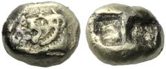 Greek coins Kings of Lydia, Alyattes circa 610-561 Hecte, Sardes circa 610-561, EL 1.84 g. Archaic characters. Lion’s head l. Rev. Bipartite rectangular incuse punch. Weidauer 99. Rosen 657. Very rare