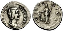 The Roman Empire Manlia Scantilla, wife of Didius Julianus Denarius March 28th-end of May 193, AR 3.15 g. Draped bust r. Rev. Juno, veiled, standing l., holding patera and sceptre; at her feet, peacoc