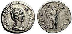 The Roman Empire Didia Clara, Daughter of Didius Julianus Denarius 193, AR 2.69 g. Draped bust r. Rev. Hilaritas standing l., holding long palm and cornucopiae. C 3. RIC Didius Julianus 10. Rare. Very