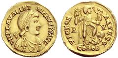 Barbaric Coinage imitating Imperial Issues Pesudo-Imperial Coinages. Attributed to the Visigoths In the name of Valentinian III. Solidus, Ravenna 425-426, AV 4.36 g. Pearl-diademed, draped and cuirass