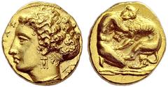 ITALY SICILY SYRACUSE. Dionysius I, 406–367. Decadrachm or 100 litrai c. 405–400 BC, Attic standard, AV 5.80 g. Obv. ΣΥΡΑ[ΚΟΣΙΩΝ] Head of the nymph Arethusa left, wearing triple-drop earring and neckl