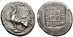 NORTHERN GREECE THRACE ABDERA. Tetradrachm c. 473/70–449/8 BC Abderite standard, AR 14.87 g. Obv. KA-ΛΛ-IΔA-MAΣ Griffin seated left, with rounded wings, right foreleg raised; below, tunny-fish left; b