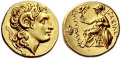 NORTHERN GREECE KINGDOM OF THRACE LYSIMACHUS. Stater, Alexandria Troas (?) 305–281 BC Attic standard, AV 8.51 g. Obv. Diademed head of deified Alexander the Great right, wearing horn of Ammon. Rev. . 