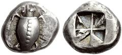 CENTRAL GREECE ATTICA AEGINA. Stater 550–500 BC Aeginetic standard, AR 12.14 g. Obv. Sea-turtle shell smooth with row of seven dots in center. Rev. Irregular incuse square, divided into eight triangul