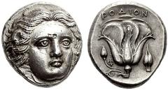 ASIA ISLAND OF CARIA RHODES. Tetradrachm c. 380 BC Rhodian standard, AR 15.20 g. Obv. Head of Helios three-quarter face towards right, with hair loose and parted in the middle of the forehead. Rev. PO