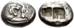 ASIA KINGDOM OF LYDIA CROESUS. Silver double shekel, Sardis 560–546 BC Lydian standard, AR 10.74 g. Obv. Foreparts of lion right and bull left, face-to-face. Rev. Two incuse squares, side by side. Lit