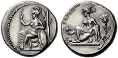 ASIA CILICIA TARSUS. Stater c. 370 BC Lydian standard, AR 10.49 g. Obv. Helmeted Athena seated left and wearing chiton, leaning right hand on spear, left arm resting on shield on the ground; in right 