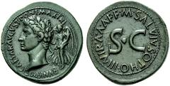 THE ROMAN EMPIRE AUGUSTUS, January 16 , 27 BC– August 19, 14. M. Salvius Otho. Triumphal bronze as or dupondius, Rome 7 BC, Æ 19.54 g. Obv. CAESAR AVGVST PONT MAX TRI-BVNIC POT Laureate head of August