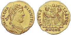 Late Roman Empire Magnus Maximus, 383 – 388 Solidus, Londinium-Augusta 387-388, AV 4.42 g. D N MAG MA – XIMVS P F AVG Rosette-diademed, draped and cuirassed bust r. Rev. VICTOR – IA AVGG Two emperors 