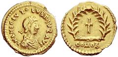 Late Roman Empire Olybrius, March (?) – 23 October 472 Tremissis, Mediolanum March (?)-23 October 472, AV 1.44 g. D N ANICIVS (S reverted) OLVBRIVS (S reverted) AVG Pearl-diademed, draped and cuirasse