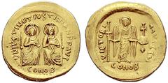The Byzantine Empire The mint is Constantinopolis unless otherwise stated Justin I and Justinian I, 4 April – 1 August 527 Solidus 527, AV 4.47 g. D N IVSTIN ET IVSTINIAN PP AVG Emperors, nimbate, sea