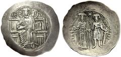 The Empire of Nicaea Theodore I Comnenus-Lascaris, 1208 – 1221 Aspron trachy, Nicaea 1208-1212 (?), EL 4.38 g. Christ enthroned facing, with decorated nimbus, wearing tunic and colobium , holding Book
