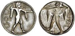 Greek Coins Lucania, Poseidonia Nomos circa 520-500, AR 7.53 g. ΠOM retrograde Poseidon, diademed, advancing r. with l. arm outstretched, brandishing trident held high behind his head; chlamys draped 