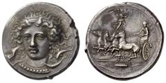 Greek Coins Syracuse Tetradrachm signed by Kimon circa 405-400, AR 16.90 g. Head of Arethusa facing three-quarters l., wearing pearl-shaped pendant and necklace over collier ornamented with pearls; ha