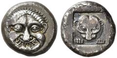 Greek Coins Attica, Athens Tetradrachm of the “Wappenmünzen series” circa 515, AR 16.98 g. Gorgoneion with open mouth and protruding tongue. Rev. Facing head and forepaws of panther within incuse squa