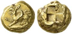 Greek Coins Mysia, Cyzicus Stater circa 500-450, EL 16.03 g. Griffin crouching l., right forepaw raised; below, tunny. Rev. Quadripartite incuse square. von Fritze 99. Boston 1455. SNG France 240. Ver