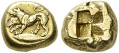 Greek Coins Mysia, Cyzicus Stater circa 500-450, EL 15.87 g. Cerberus l.; below, tunny. Rev. Quadripartite incuse square. von Fritze 103. Boston 1538. Extremely rare. A very intriguing and fascinating