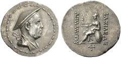 Greek Coins Apollodotus I, circa 180 – 160 Tetradrachm, Pushkalavati circa 180-160, AR 16.66 g. Draped bust of Apollodotus r., wearing causia. Bead and reel border. Rev. BAΣIΛEΩΣ - AΠOΛΛOΔOTOΥ Athena 