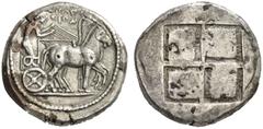 Greek Coins Syracuse Tetradrachm circa 500-490, AR 17.19 g. ΣVPA(koppa)O / ΣION Slow quadriga driven r. by charioteer, wearing long chiton and holding reins in each hand. Rev. Quadripartite incuse squ