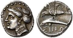 Greek Coins Paphlagonia, Sinope Drachm circa 410-350, AR 5.02 g. Head of Sinope l., wearing earring and necklace. Rev. AΓΡEΩΣ Eagle flying l. over dolphin swimming in the same direction; below ΣINΩ. S