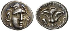 Greek Coins Islands off Caria, Rhodes Drachm circa 179-168, AR 2.66 g. Head of Helios facing three quarters r. Rev. P – O Rose with bud to right; above GOPGOS. In l. field, bow-in-bow case. Cf. Ashton
