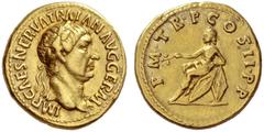 The Roman Empire Trajan, 98 – 117 Aureus 98-99, AV 7.53 g. IMP CAES NERVA TRAIAN AVG GERM Laureate bust r. with drapery on l. shoulder. Rev. P M TR P COS II P P Germania seated l. on shields; holding 