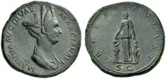 The Roman Empire Matidia, daughter of Marciana Sestertius 112-117, Æ 27.81 g. MATIDIA AVG DIVAE – MARCIANAE F Draped bust r., hair arranged in coils on crown of head, surmounted with crescent-shaped d
