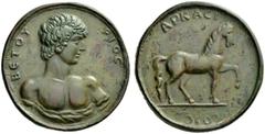 The Roman Empire Antinous, favourite of Hadrian Oktassarion or Quinarius, Mantinea Arcadiae 134, Æ 38.46 g. BETOY – POIC Naked three-quarter bust r. Rev. TOIC – ARKACI Horse walking r. Blum 1. BMC 89.