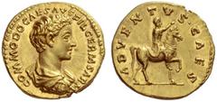 The Roman Empire Commodus caesar, 166 – 167 Aureus 175-176, AV 7.16 g. COMMODO CAES AVG FIL GERM SARM Bareheaded, draped and cuirassed bust r. Rev. ADVENTVS·CAES Commodus on horse r. extending r. hand