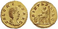The Roman Empire Salonina, wife of Gallienus Aureus 256-257, AV 2.44 g. SALONINA AVG Diademed and draped bust r. Rev. PIETAS AVGG Pietas seated l., holding sceptre and extending r. to two children sta