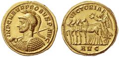 The Roman Empire Probus, 276 – 282 Aureus, Serdica 276–282, AV 7.12 g. IMP C M AVR PROBVS P – AVG Helmeted and cuirassed bust l., holding spear in r. hand and shield over l. shoulder. Rev. VICTORIAE V