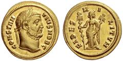 The Roman Empire Constantius Chlorus caesar, 293 – 305 Aureus, Cyzicus circa 294-295, AV 5.37 g. CONSTAN – TIVS NOB C Laureate head r. Rev. FIDES M – I – LITVM Fides standing facing, head r., holding 