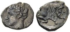Greek Coins Panormus Litra circa 410-400, AR 0.72 g. Young male head l. Rev. Forepart of river-god r. Jenkins pl. 24, 13. Rare. Dark tone and good very fine This coin is sold with an export licence is