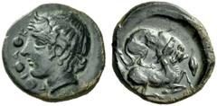 Greek Coins Piakos Tetras unsigned work of the "Maestro della foglia" circa 410, Æ 2.50 g. Head of young river-god l., with small horns, wearing laurel wreath. Rev. Hound dragging hind to r. and bitin
