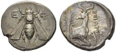 Greek Coins Ephesus Tetradrachm 387-301, AR 15.10 g. Bee seen from above. Rev. Forepart of a stag r., looking backwards; behind, palm tree. Head class A, p. 34. Mionnet III, 163. Old cabinet tone, min