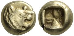 Greek Coins Kings of Lydia, uncertain king before 561 Hemihecte, Sardis circa 600-560, EL 0.95 g. Lion’s head with open jaws; on forehead, dot. Rev. Rough incuse punch. von Aulock 2871. Weidauer 90. G